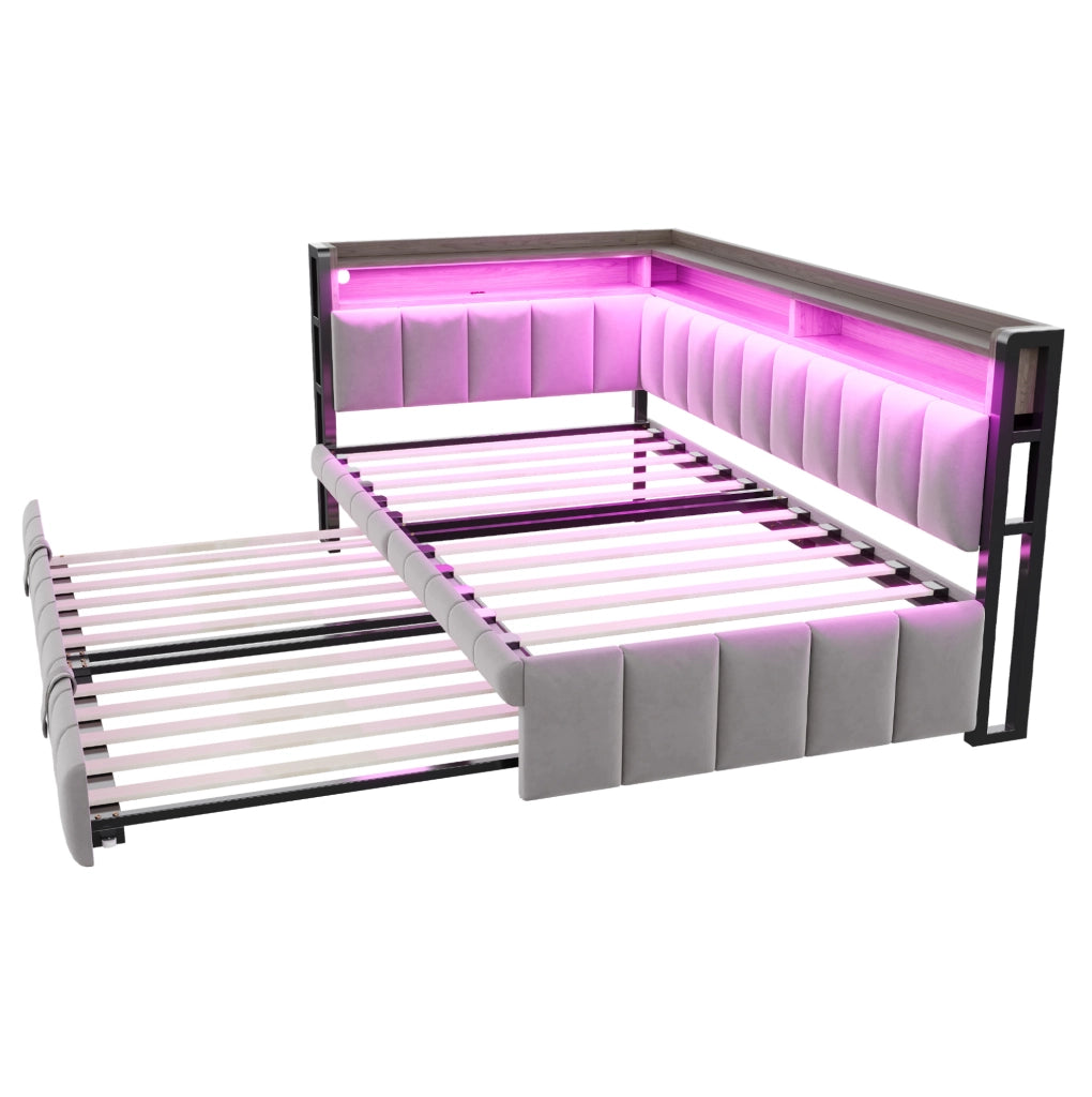 Divano letto 90x200 cm estraibile con LED, USB e USB-C in velluto grigio chiaro