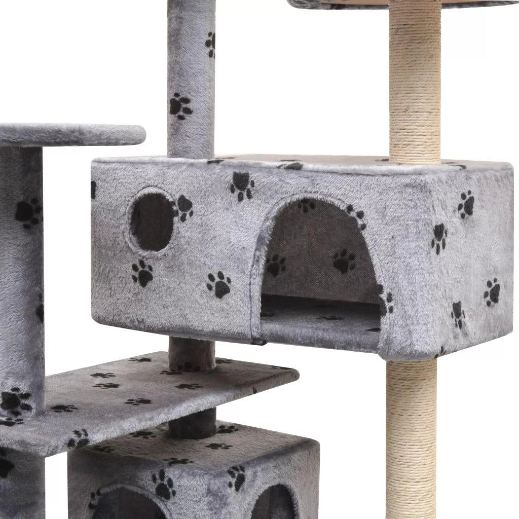Tiragraffi albero per gatti cuccia per gatti giocattolo peluche e sisal 125 cm impronte di zampe grigio 3702268
