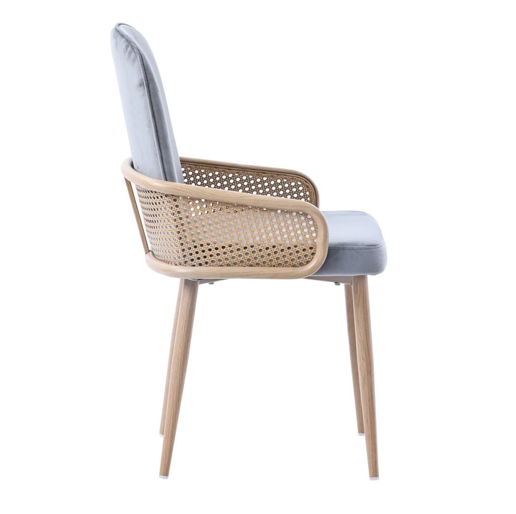 Set di 6 sedie da pranzo con design rattan; gambe in metallo e rivestimento in velluto; grigio