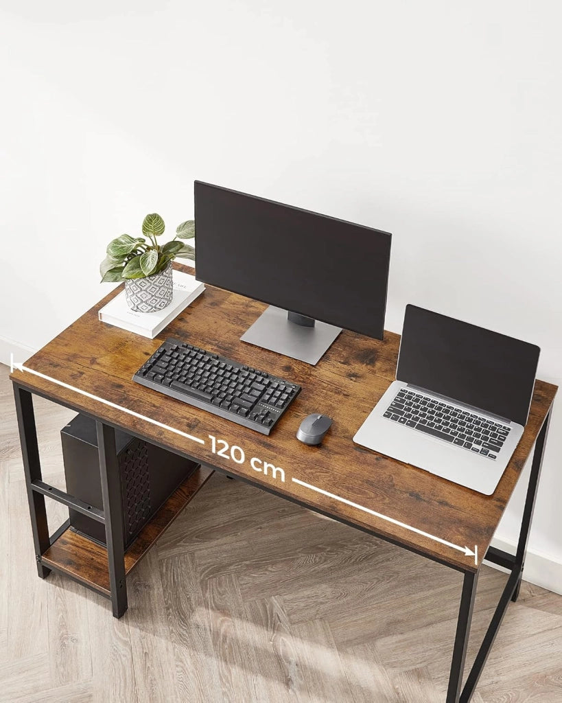 Scrivania per Computer, Scrittoio con 2 Ripiani a Sinistra o Destra, Tavolo da Lavoro, per Ufficio Soggiorno, Struttura in Acciaio, Industriale, Marrone Vintage e Nero LWD47X