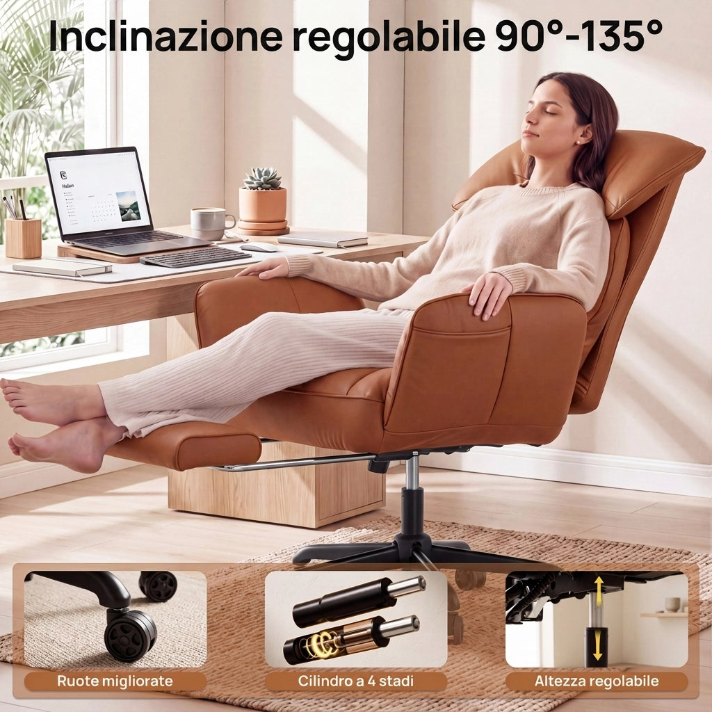 Sedia da ufficio ergonomica - Con corrimano e poggiapiedi - Con braccioli regolabili - Schienale regolabile - Marrone