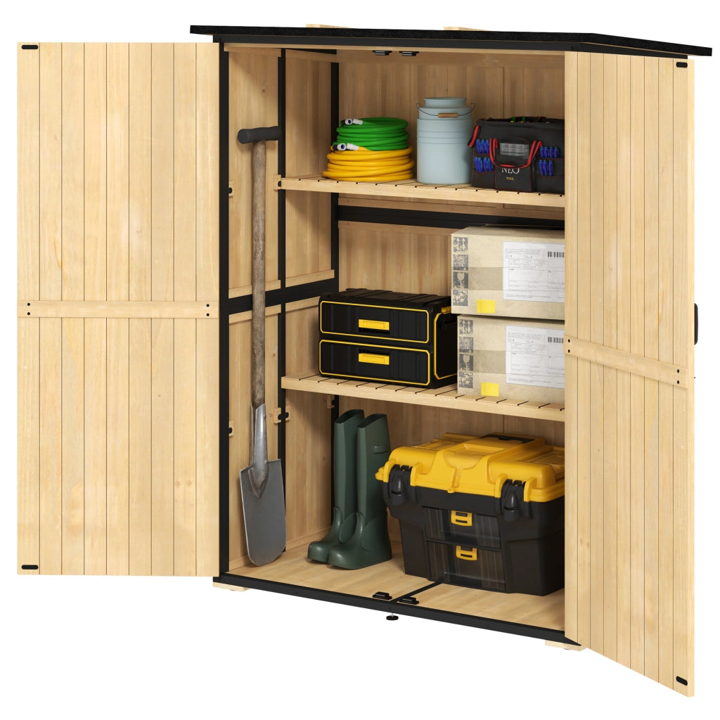 Armadio da giardino in legno e acciaio con tetto in asfalto ¨C zephmum ¨C 2 ripiani, porte bloccabili, colore naturale
