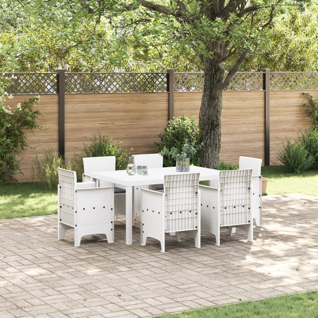 Set da Pranzo da Giardino da 7 Pezzi con Cuscini Bianco Polyrattan