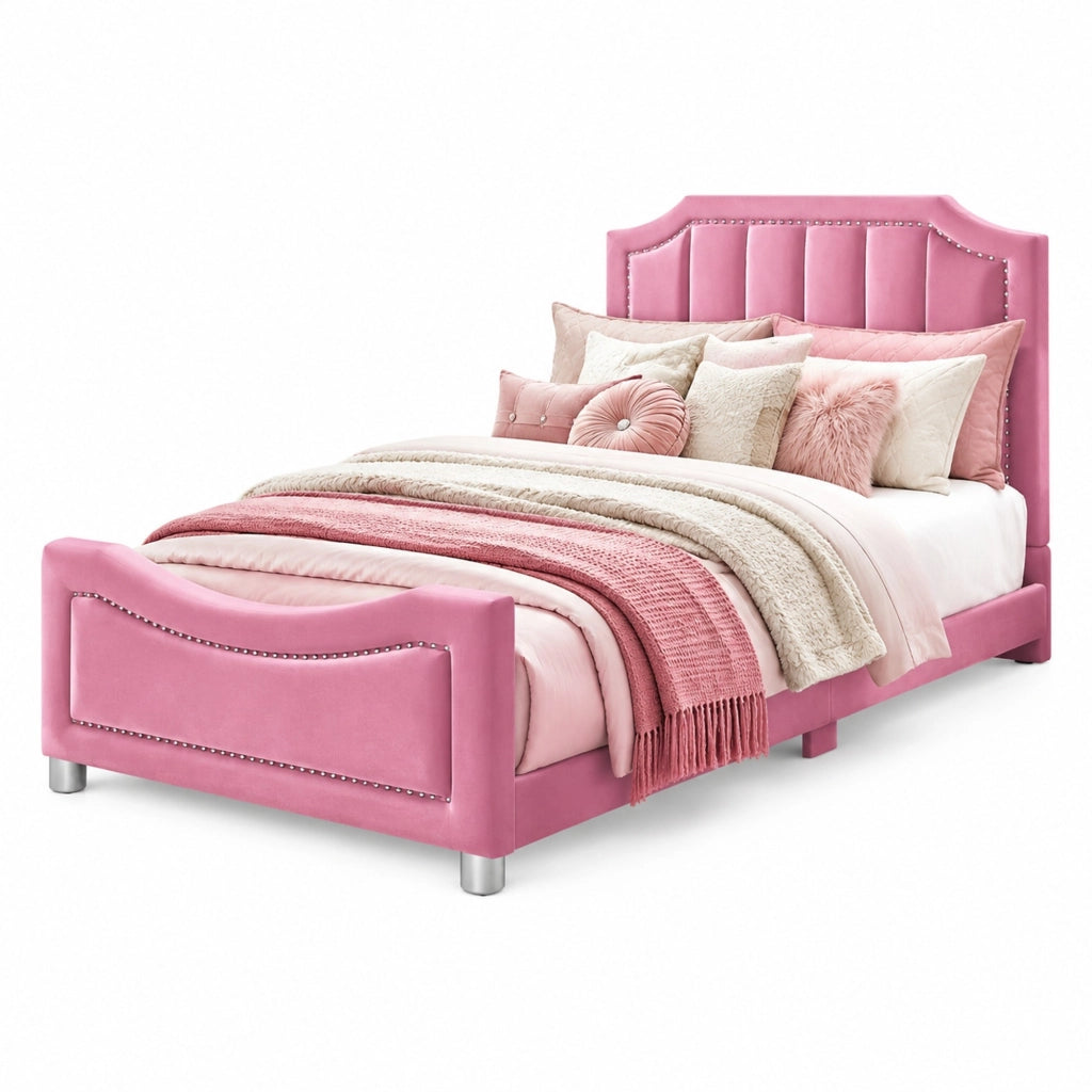 Letto imbottito per bambini 90x200 cm con testiera e pediera; flanella rosa
