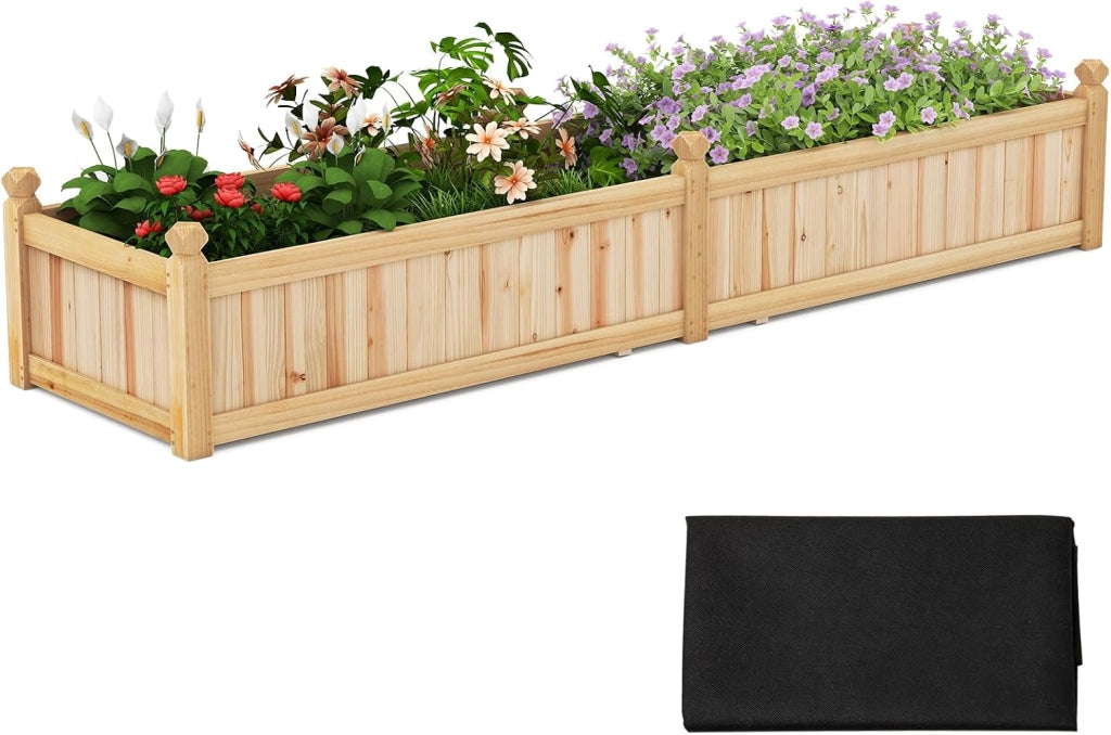 Letto da Esterno Rialzato in Legno, Fioriera Rettangolo con Divisorio, Sistema di Drenaggio, Fodera in Tessuto non Tessuto, Orto Rialzato per Giardino e Cortile, 227 x 59,5 x 40 cm (Marrone)