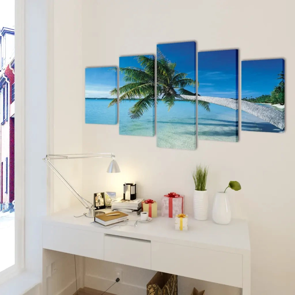 5 pz Set Stampa su Tela da Muro Spiaggia con Palma 200 x 100 cm 241561