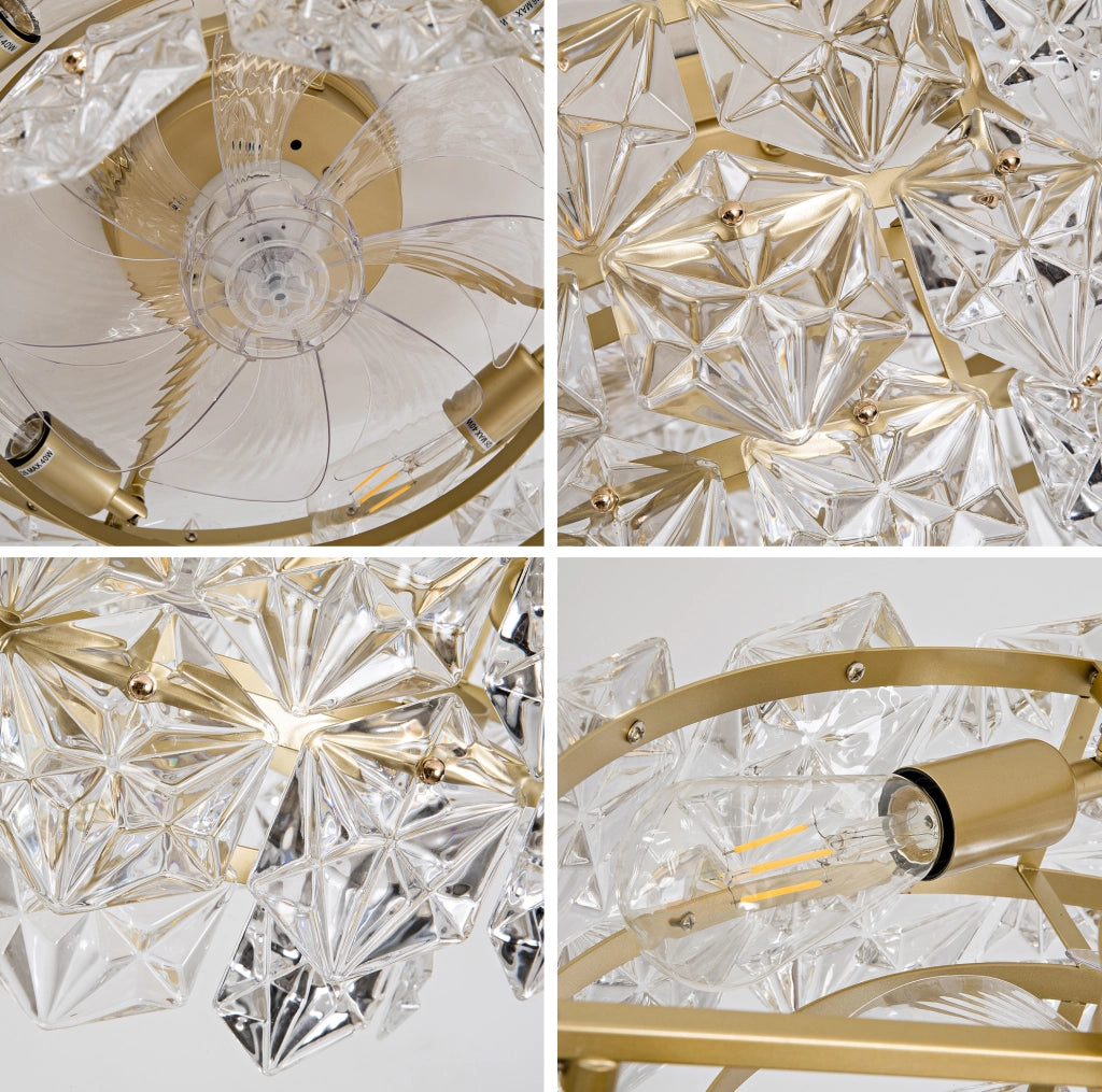 Ventilatore da soffitto con luce a cristalli, controllo App/telecomando, 6 velocità, oro
