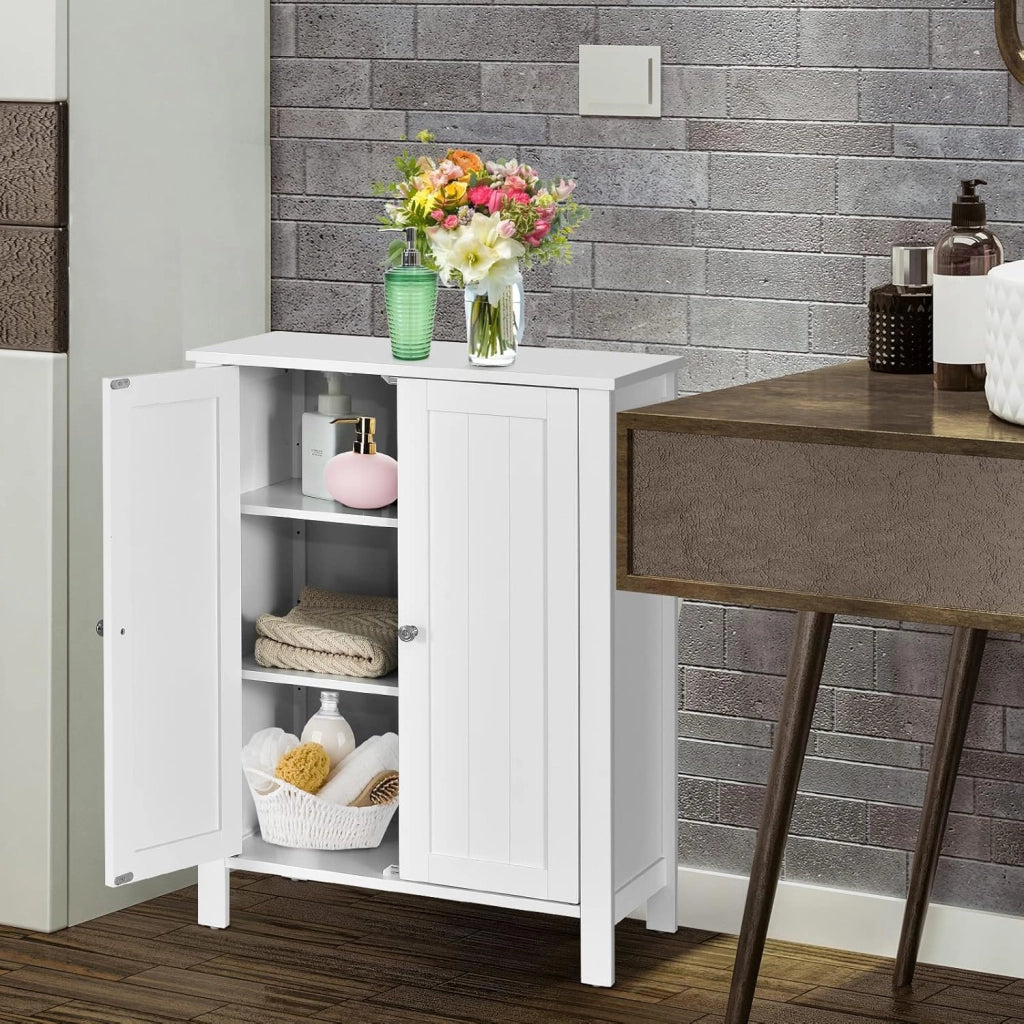 Armadietto Bagno da Terra, Mobiletto Autoportante a 2 Ripiani, con 2 Ante Legno, 60x30x80 cm, Bianco