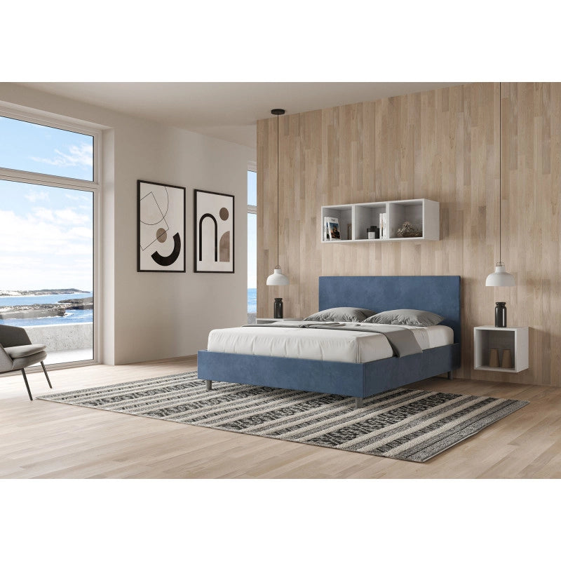 Letto imbottito Letto Matrimoniale alla Francese 150x210 cm Adele - Con rete,Microfibra,Blu