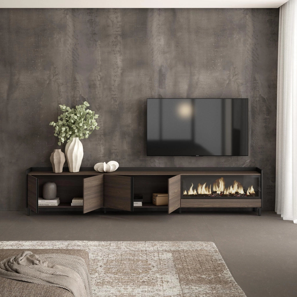 Mobile TV Soggiorno, 315x61x35 cm, Per TV fino a 80", Camino elettrico XXL, Design industriale, Rovere scuro e Nero