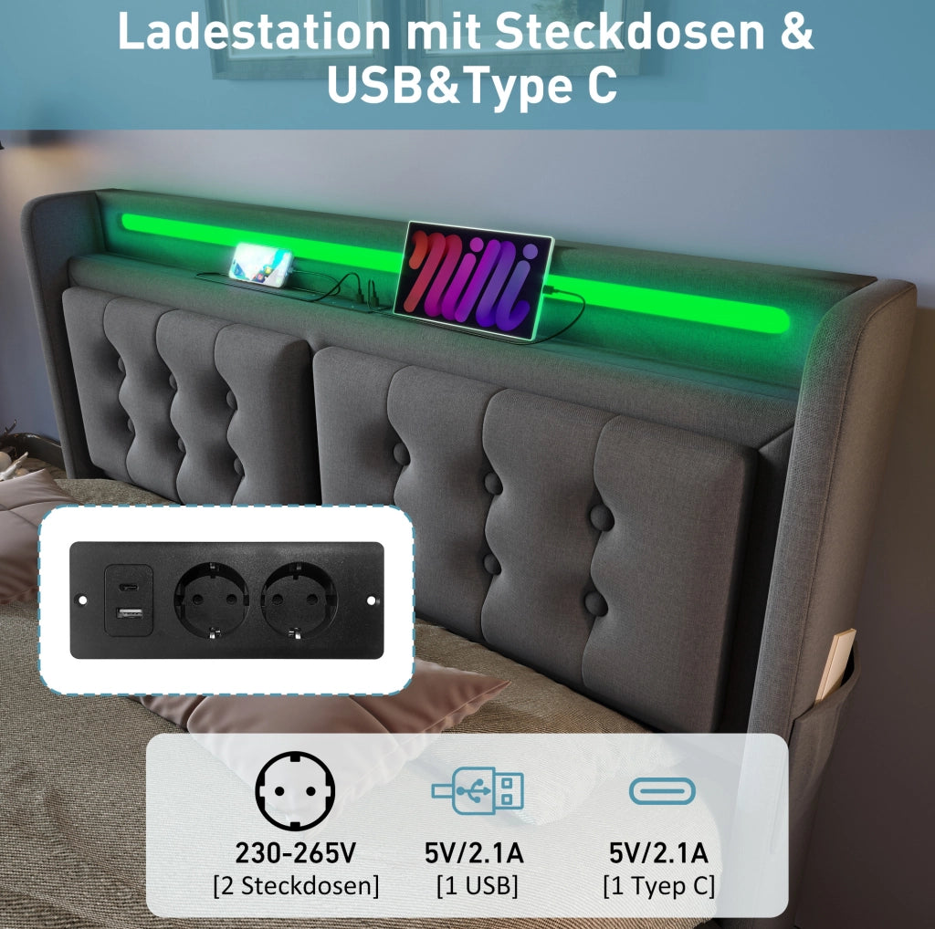 Letto matrimoniale 140x200 cm con materasso; LED; USB-C e 4 cassetti in cotone-lino grigio