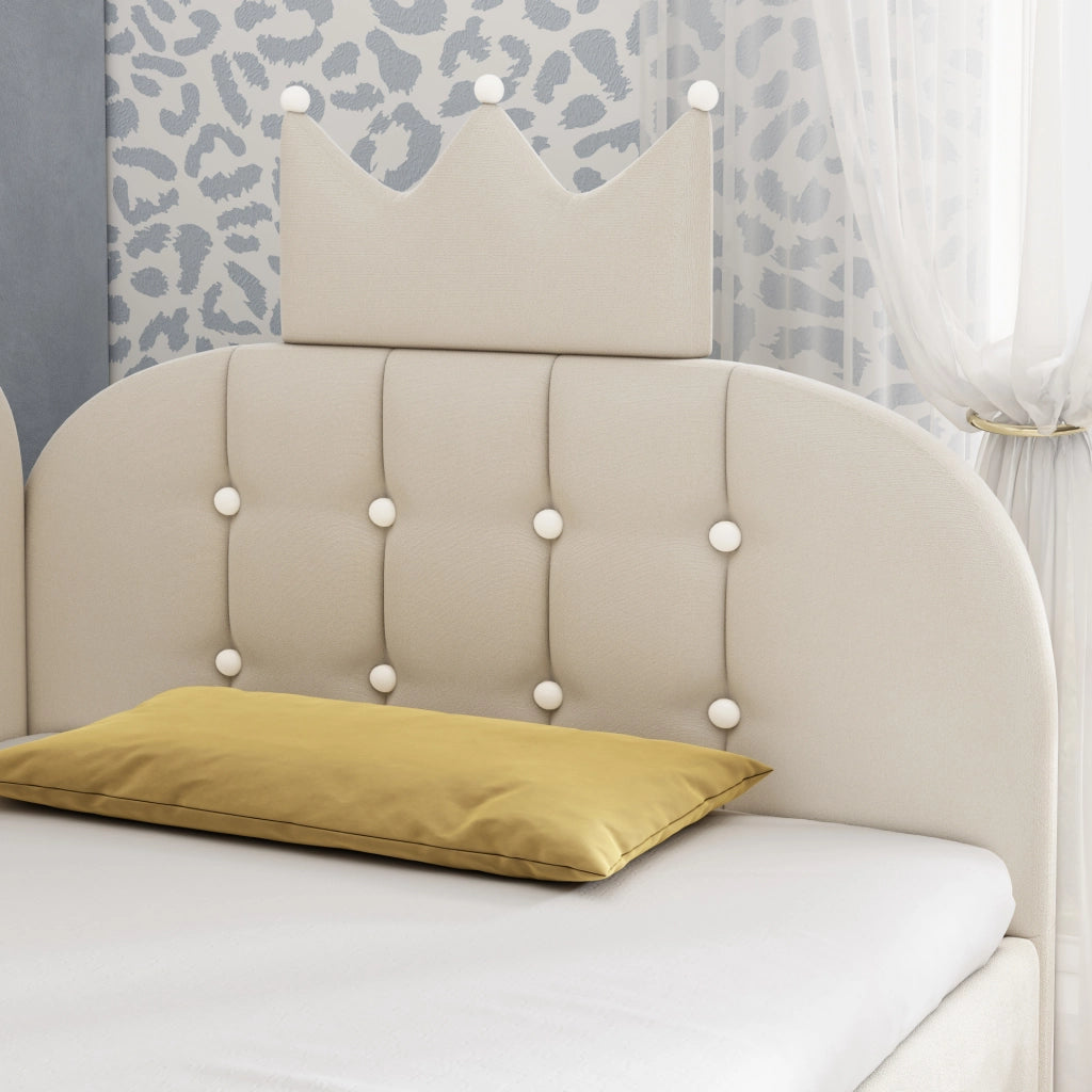 Letto singolo daybed 90x190 cm in velluto beige con contenitore e design a corona