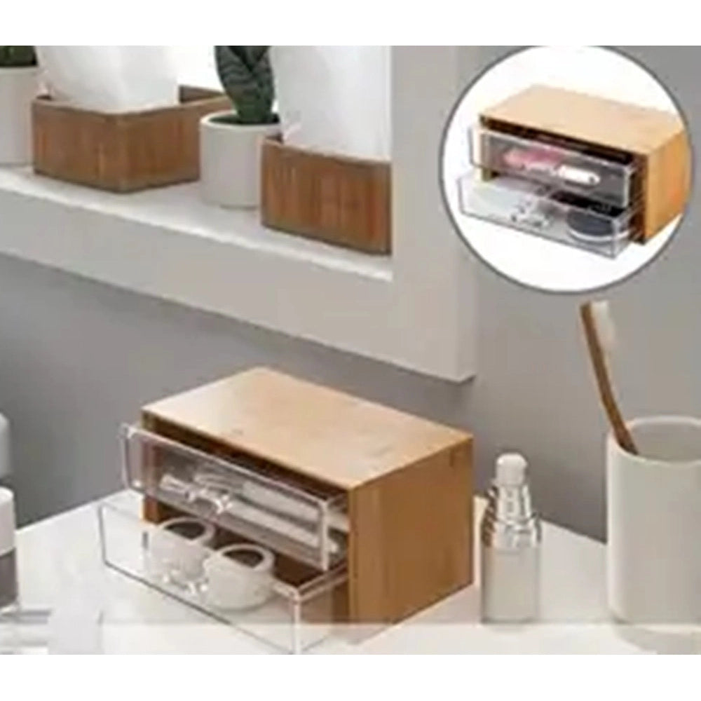 Trade Shop - Porta Gioielli Cosmetici Con 2 Cassetti Organizzatore Casa In Legno 19x11.7x9.6 Cm 10829 -