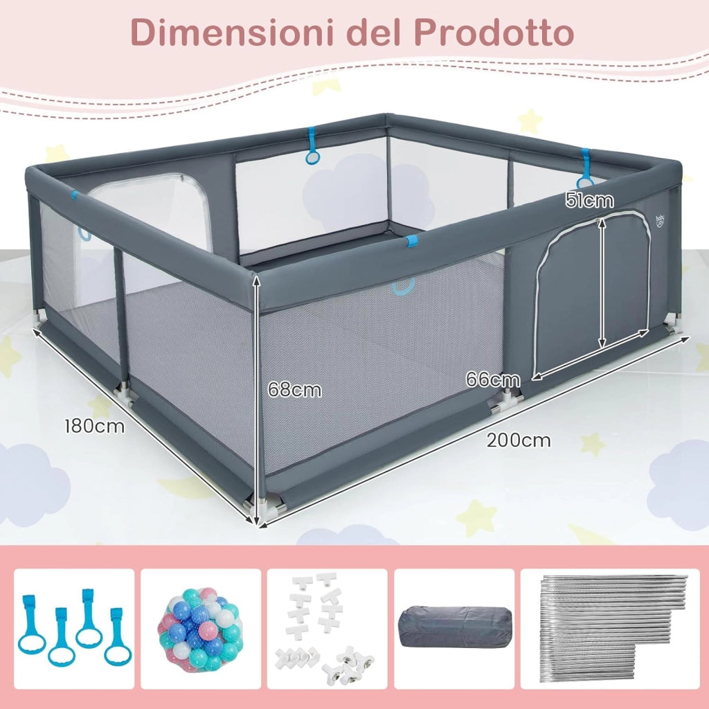 Recinto per Bambini, Box per Bambini con Rete Traspirante, Centro Attività per Bambini con 50 Palline, Box Giochi per Bambini 0-3 Anni (Grigio, 200 x 180 cm)