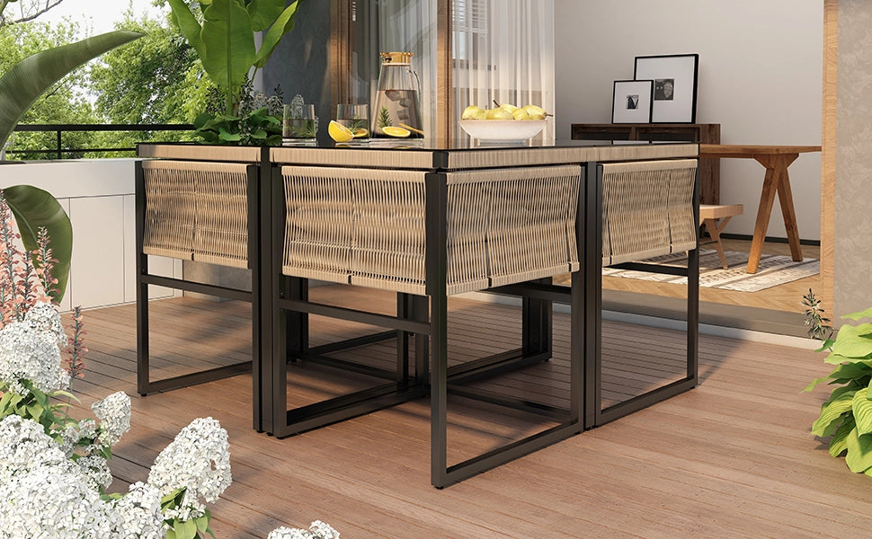 Set pranzo giardino 5 pezzi: tavolo pranzo + 4 sedie impilabili; ferro; vetro sicurezza; beige