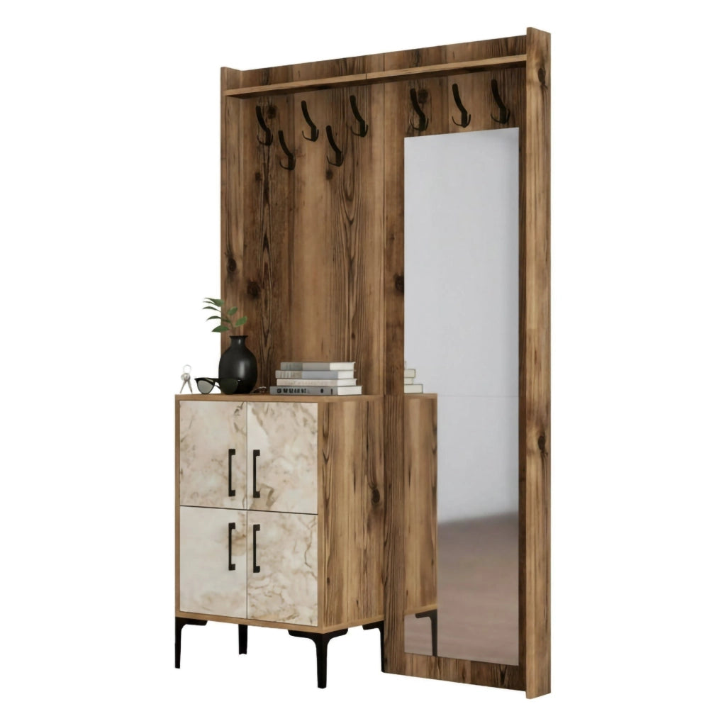 Mobile da ingresso Isidore, Entratina appendiabiti, Composizione per atrio, Consolle portaoggetti multifunzione, 120x35h200 cm, Noce e Bianco
