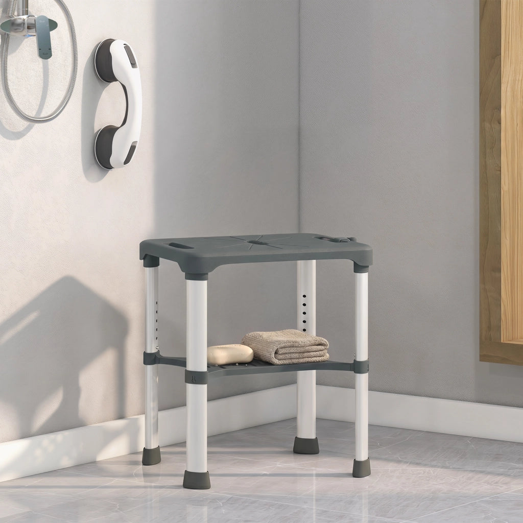 Sgabello per Doccia 46x33x39-49 cm con Mensola Integrata Altezza Regolabile 5 Livelli Portata 150kg in Alluminio Grigio