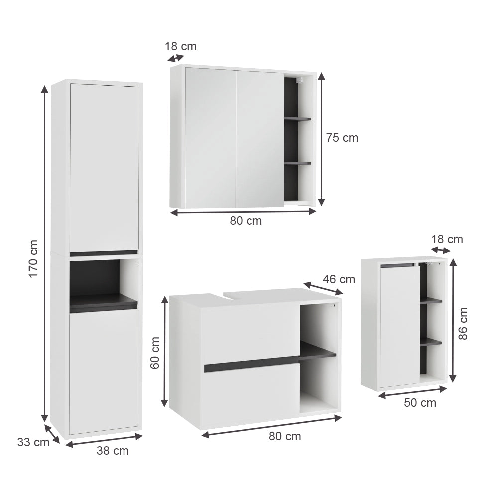 Vicco Set di mobili da bagno Bianco/Grigio 4 parti