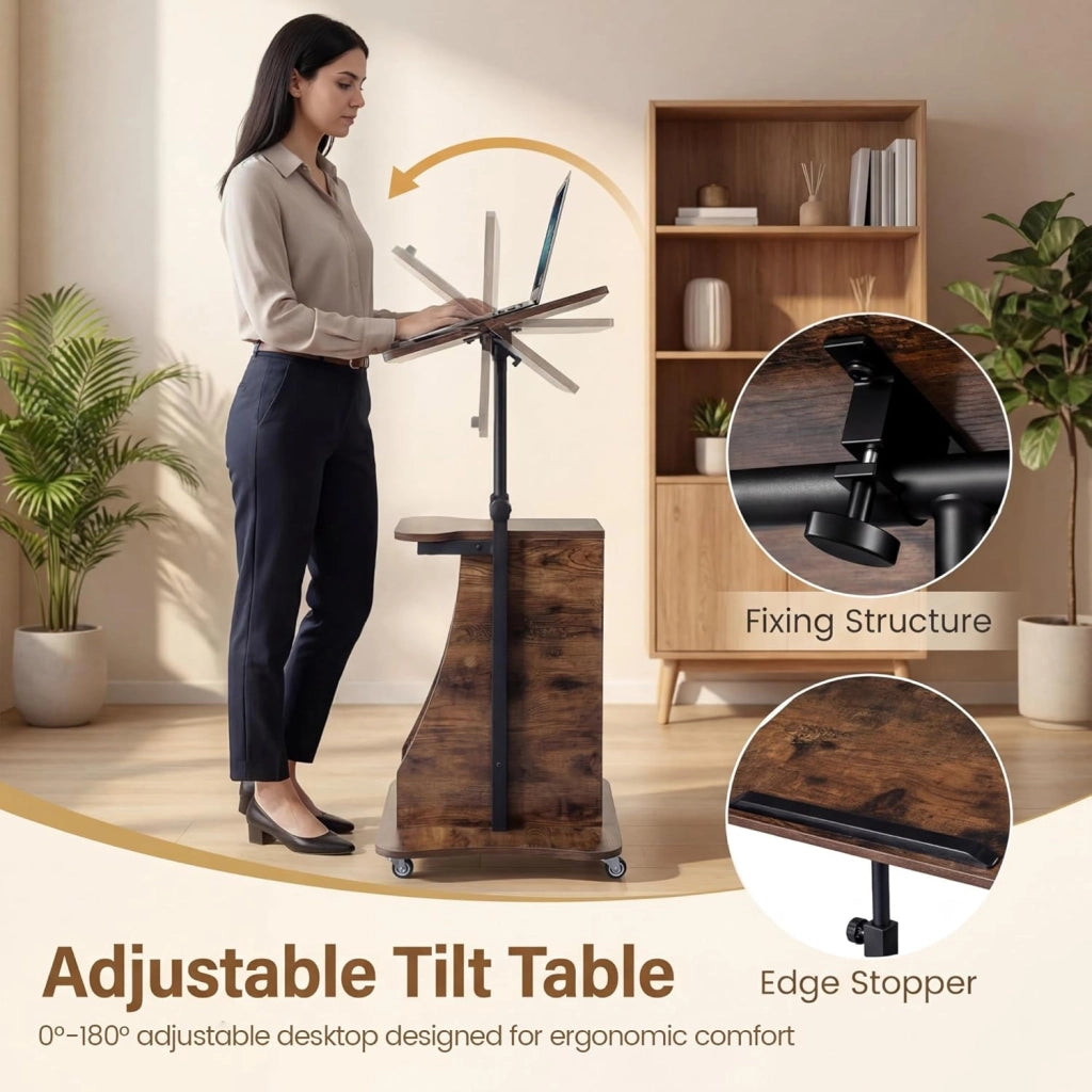 KOMFOTTEU Tavolino da Laptop Regolabile in Altezza 72-112cm con Ruote Universali, Piano Reclinabile, Ripiano Aperto e 2 Vani Portaoggetti, Scrivania per Computer Porta PC per Aula, Ufficio