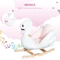 Cavallo a Dondolo a Forma di Cigno con Musica, Cavalluccio a Dondolo con Struttura in Metallo e Legno, Rivestimento Peluche, 60x32x55cm, Bianco