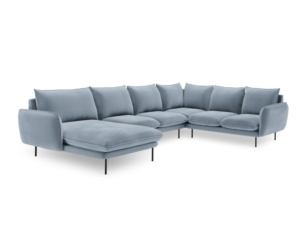 Cosmopolitan Design - Divano panoramico destro "Vienna" 7 posti in velluto azzurro 
