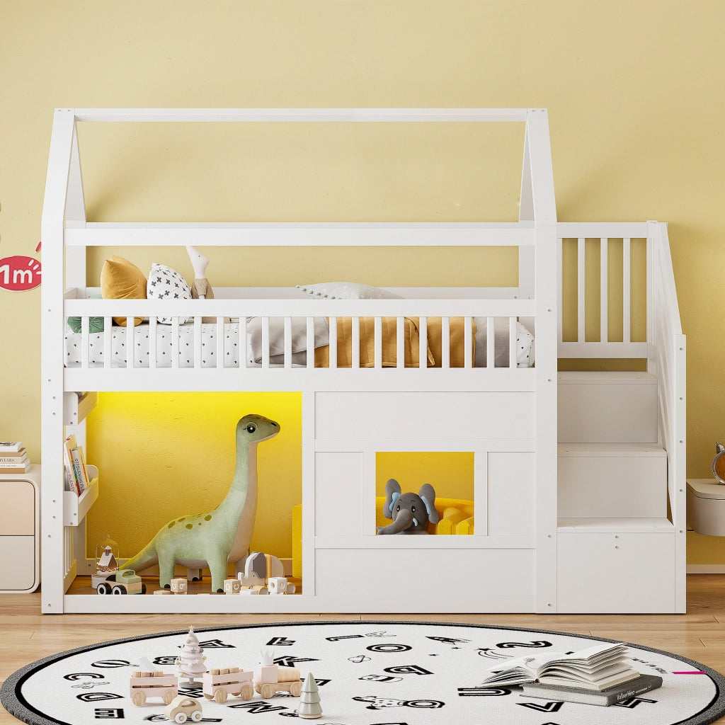 Letto a Soppalco 90x200 cm; Letto Singolo - Scala con 2 vani; LED - in MDF e Pino - Bianco