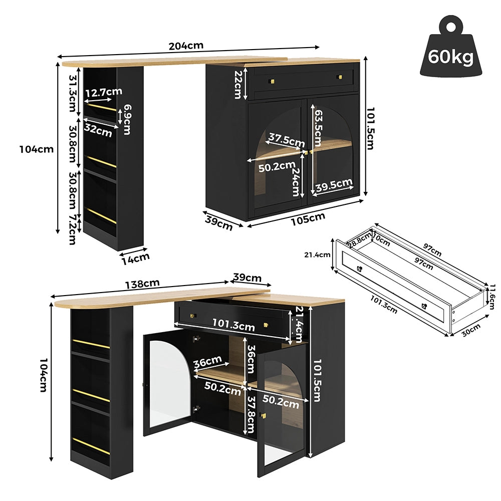 Tavolo Bar Estendibile - Xylo - 138-204??39??104 cm - Nero con Ripiani
