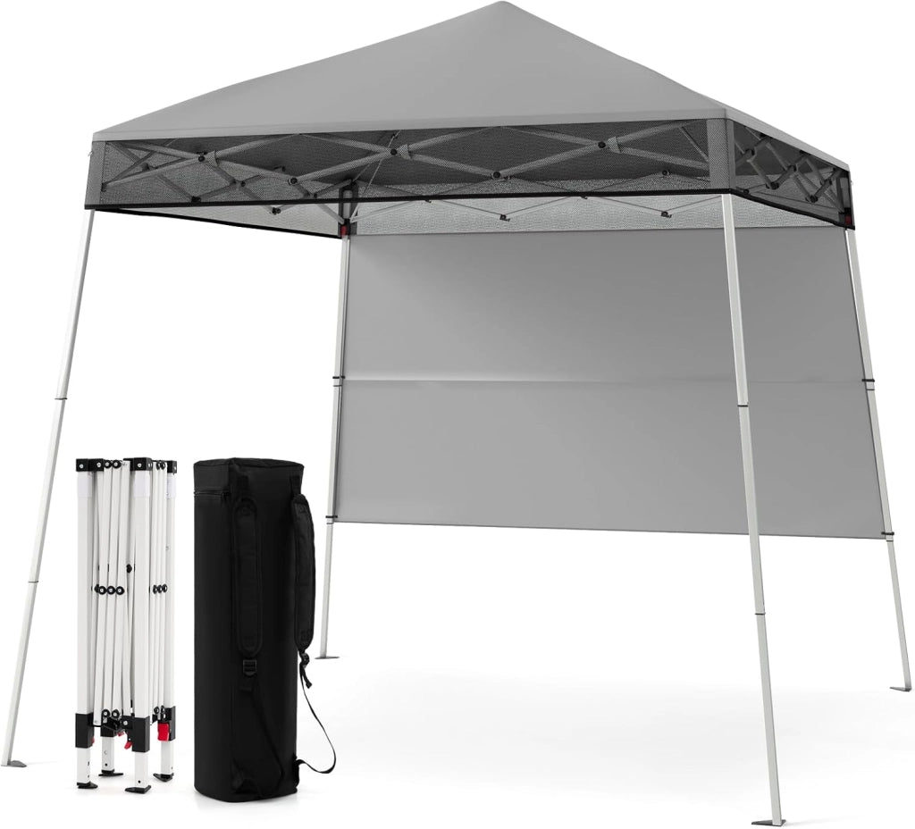 Gazebo Pop-up da Esterno 182 x 182 cm, Gazebo Pieghevole con 1 Parete Laterale, Gambe Inclinabili Regolabili e 4 Picchetti, Tendone Impermeabile per Feste, Campeggio e Picnic (Bianco)