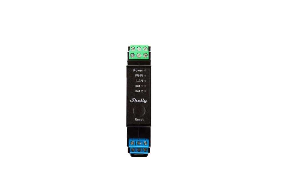 SHELLY PRO 2PM rel√® montabile su guida DIN. 2 canali. Wi-Fi. LAN e Bluetooth. controllo tapparelle. controllo consumi