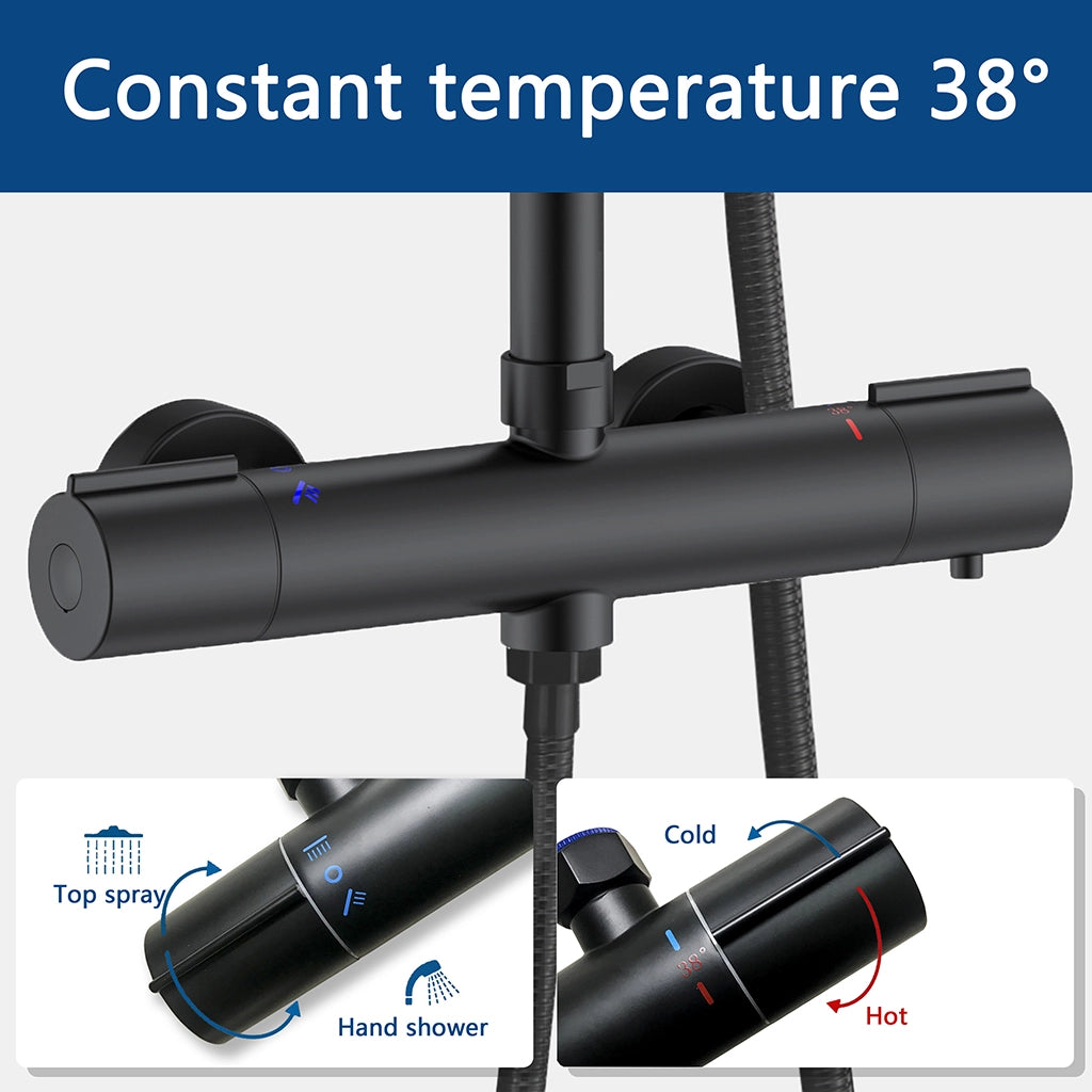 AICA Colonna doccia con miscelatore termostatico, rubinetto doccia cilindro 30x4.5cm, soffione doccia rotondo 25x25cm in acciaio inox nero