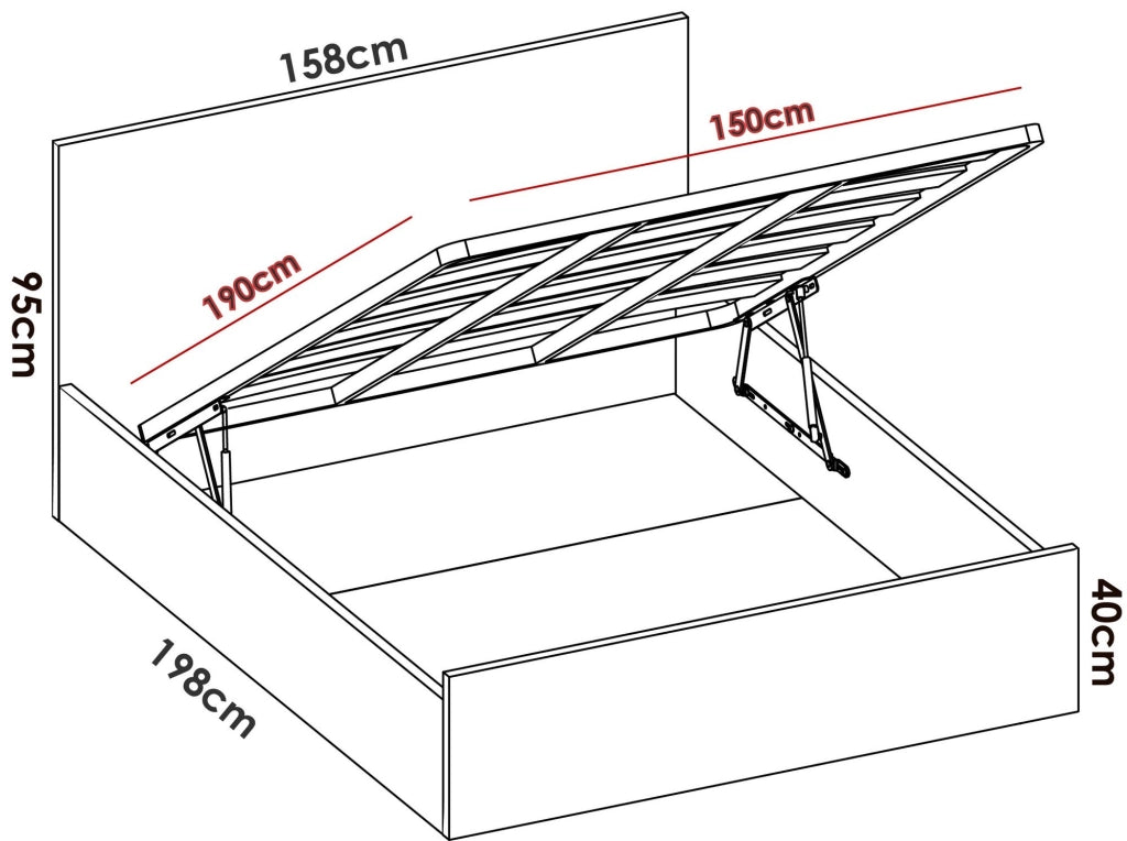 Letto matrimoniale Barolo, Sommier giroletto rete inclusa, Struttura letto contenitore per materasso di 150x190 cm, 197x158h95 cm, Rovere