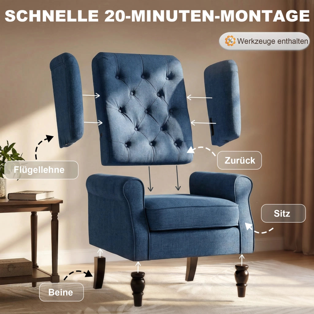 Poltrona con orecchie imbottita ¨C Xylo ¨C tessuto blu removibile 74x86x102 cm