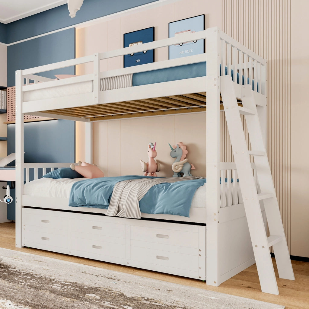 Letto a castello 90x200 - Xylo - Bianco con scala e cassetti