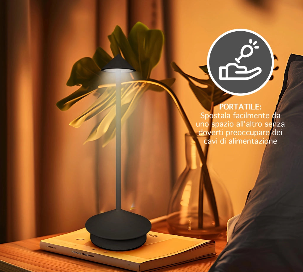 Coppia Di Lampada Da Tavolo LED Set 2 Pezzi Design Moderno Senza Fili Ricaricabile Controllo Touch Selezione Colore Intensità Dimmerabile Altezza Regolabile Con Adattatore Per Bottiglia 3000/4500/600K  2Pz-Arrow-Nero