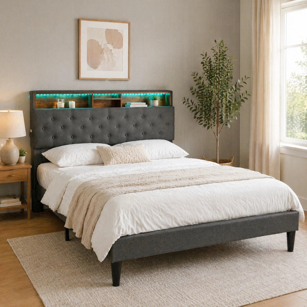 Letto matrimoniale imbottito con testiera contenitore e LED 140x200 cm; grigio