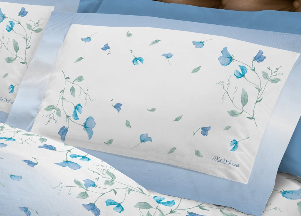 Completo Lenzuola In Morbida Flanella Linea SuperEuropa Disegno Pea Flower - Matrimoniale - Azzurro