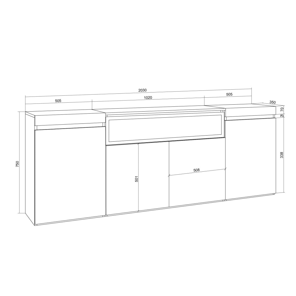 Credenza, Mobile, Cucina, 200x75x35cm, 4 Porte, Camino elettrico, Rovere soft e bianco