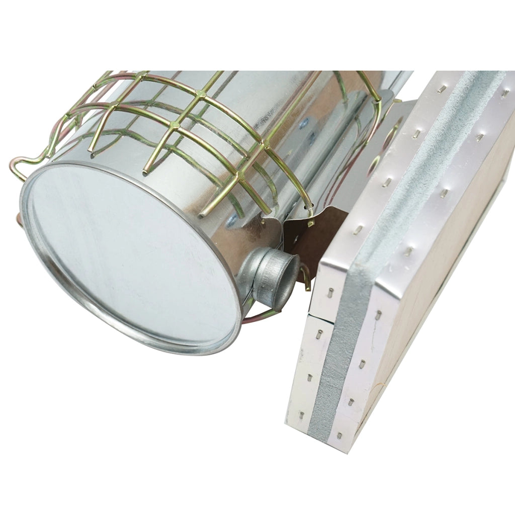 Affumicatore per api in acciaio galvanizzato con cilindro, scudo termico e soffietto in pelle, 230 mm