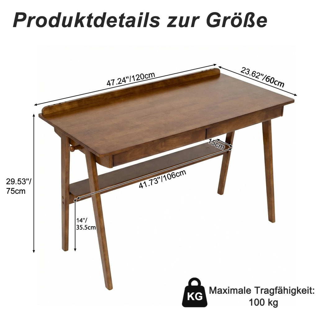 Scrivania lineare con 2 cassetti; ripiano e ganci in legno massiccio per ufficio e camera da letto; 120×60 cm