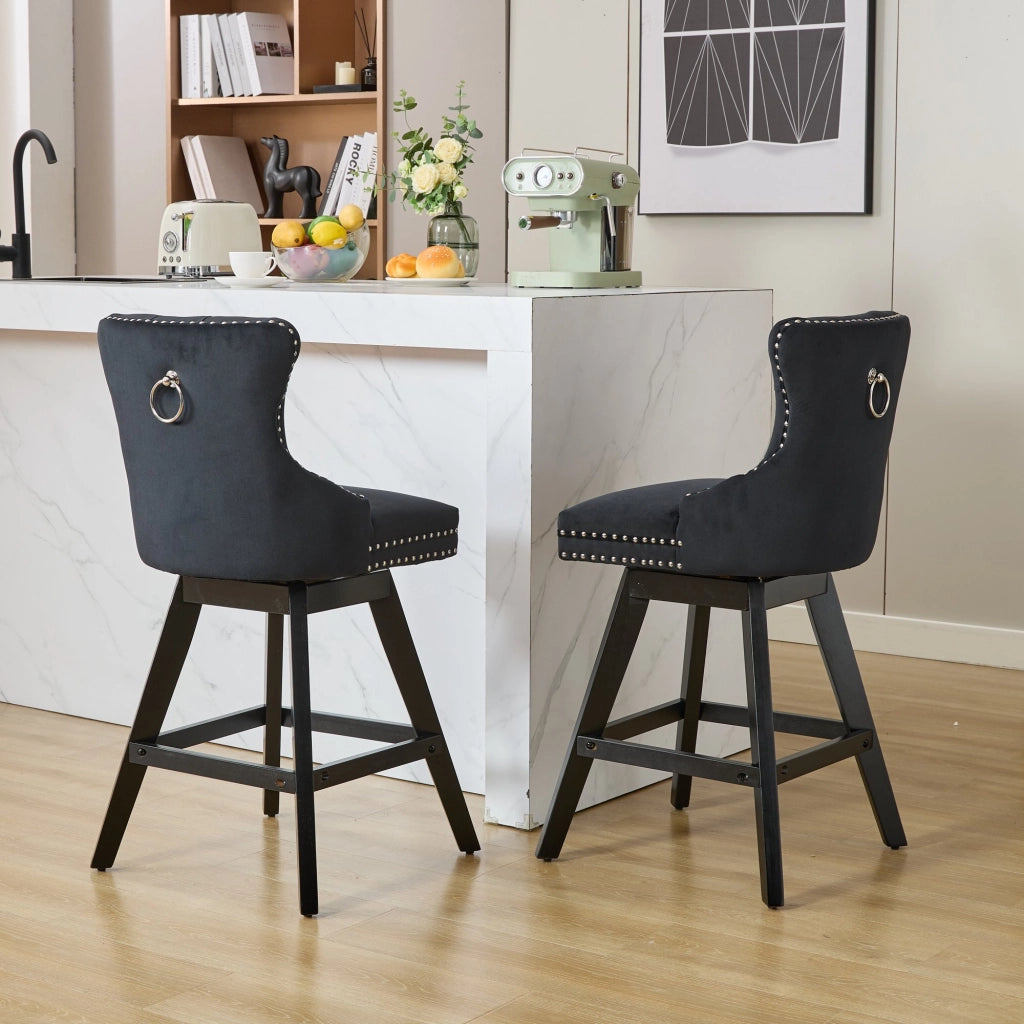 Sgabelli da Bar Girevoli in Velluto ¨C Xylo ¨C Nero, Gambe in Legno, Set 2 Pezzi