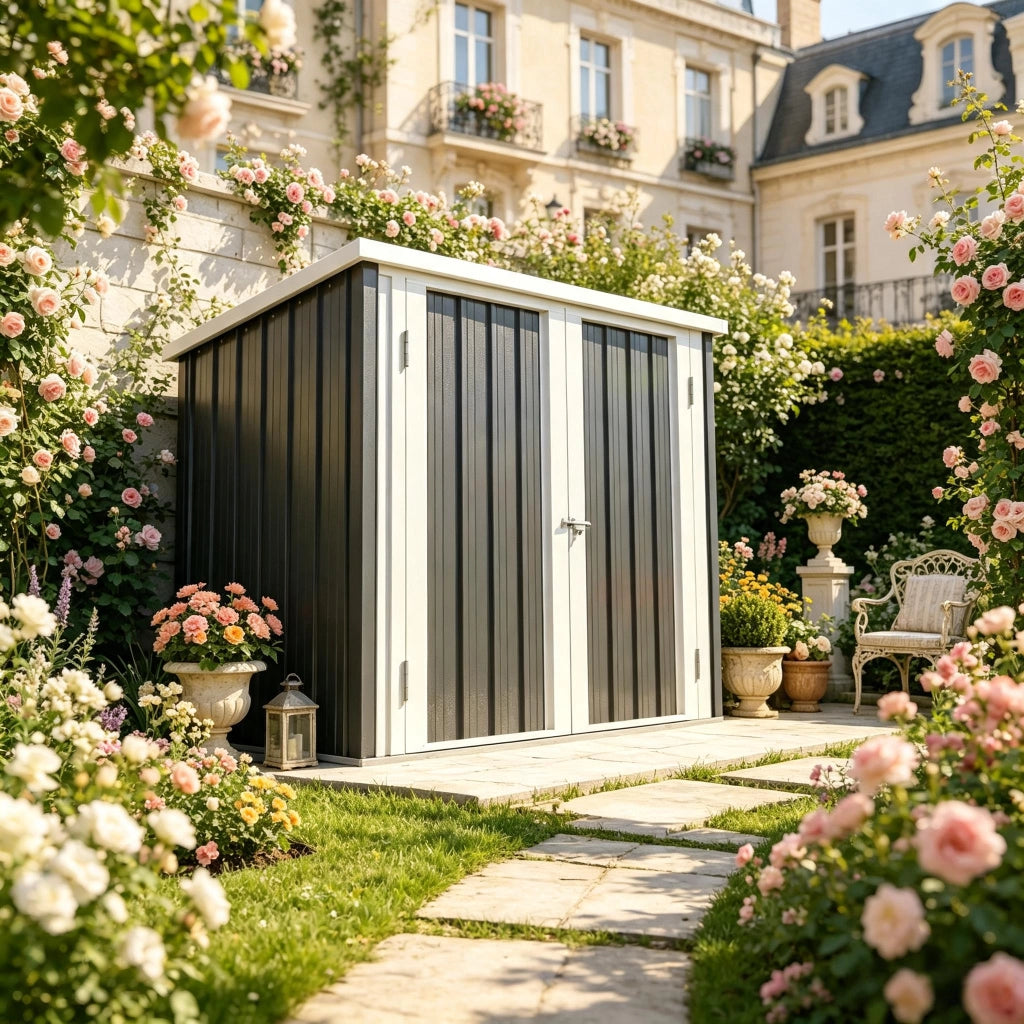 CASETTA DA GIARDINO 147x86x134 cm Nero/Bianco in acciaio e PP senza pavimento