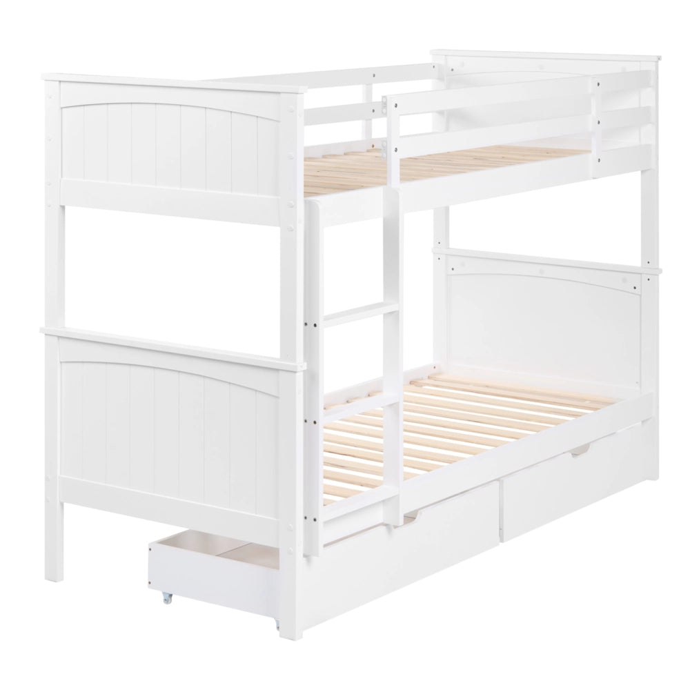 Letto a banca doppia con contenitore in legno di pino bianco singola misura 90 x 200 per bambini in cameretta
