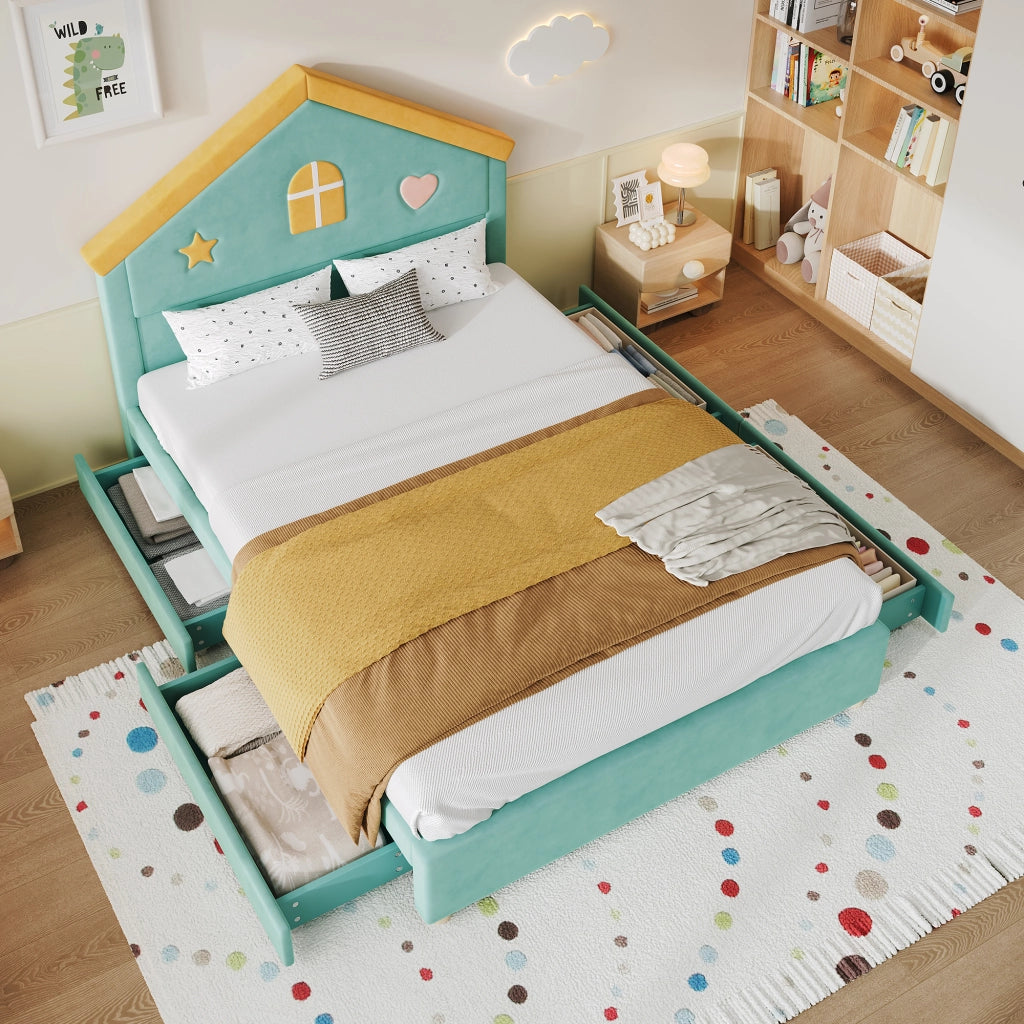 Letto per bambini a casetta 140 × 200 cm con 4 cassetti, senza materasso, in velluto, bluverde