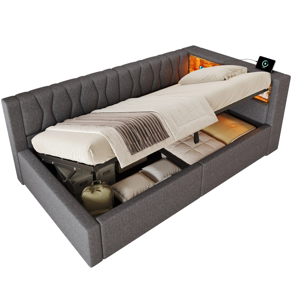 Letto da giorno 90x200 con contenitore; LED dimmerabile; ripiani e USB; lino e MDF; beige