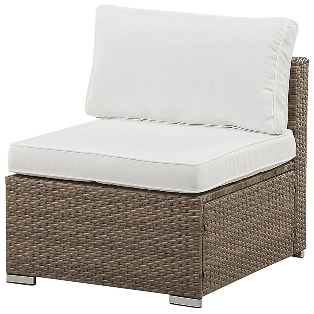 Set salotto da esterno marrone finto rattan bianco cuscini divano angolare modulare per 6 persone tavolino moderno set da giardino
