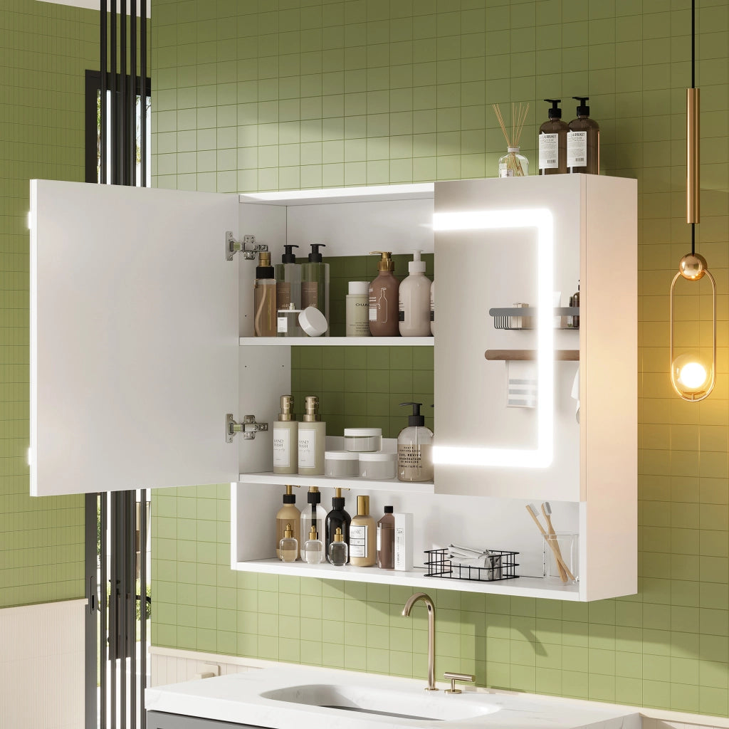 Mobile con specchio con 2 ante; 3 vani; LED e funzione antiappannamento per bagno; in MDF e vetro; bianco; 80×17×70 cm
