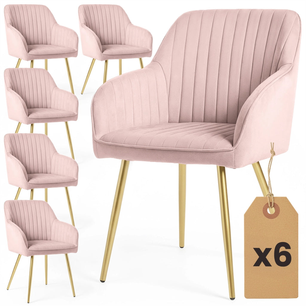 Set di 6 Sedie in velluto con cuciture verticali FLORENCE Rosa Cipria gambe oro