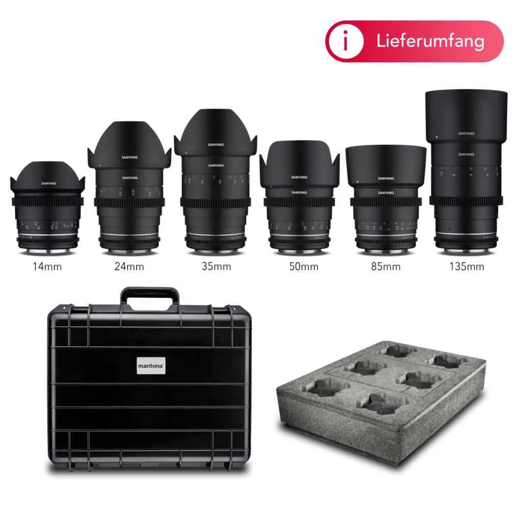 MF Set di obiettivi video VDSLR MK2 in valigetta, per Canon EF, obiettivi fotografici con lunghezze focali 14, 24, 35, 85, 135 mm, dal grandangolo al teleobiettivo