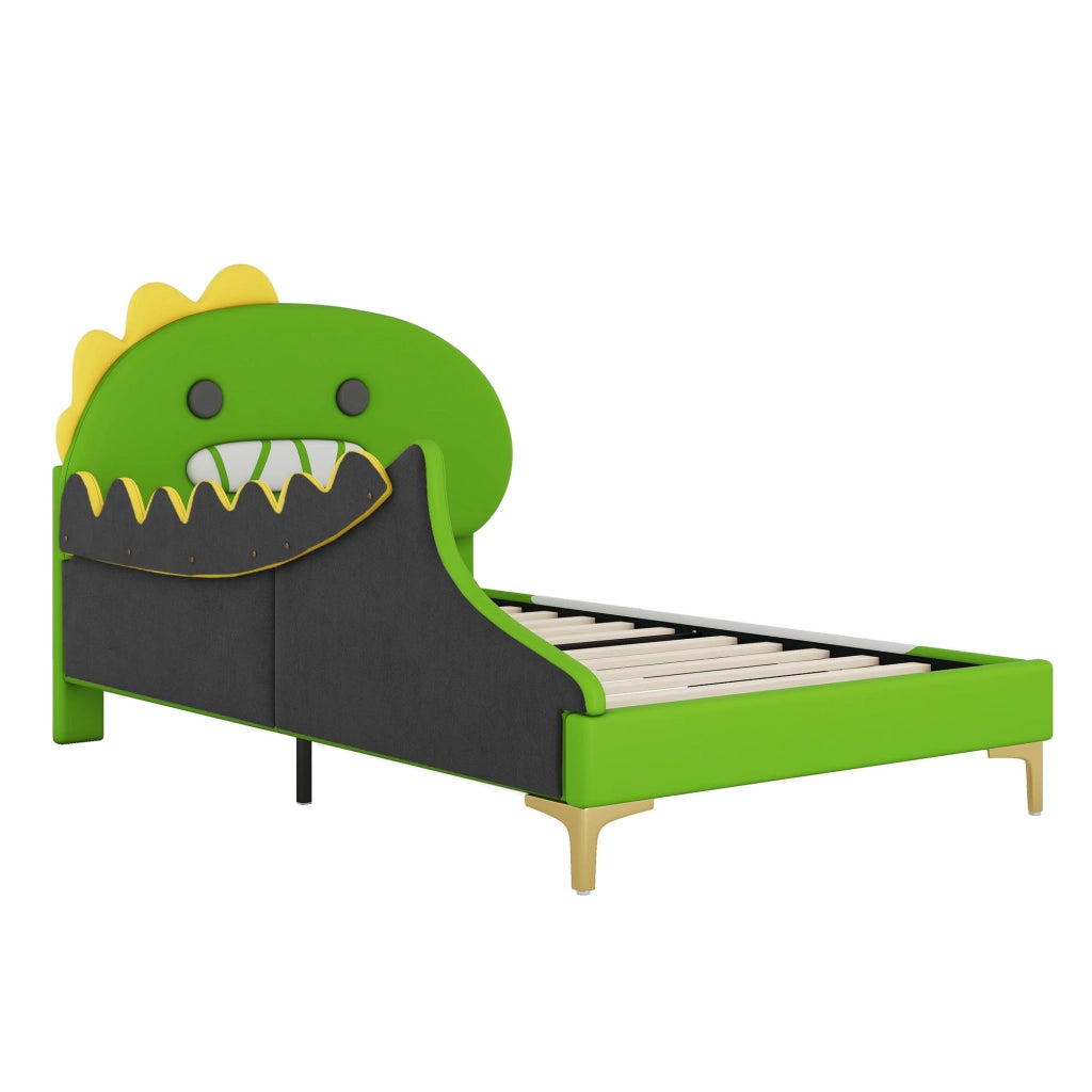 Letto a terra per bambini verde con testata a forma di dinosauro in PU 90x200 cm
