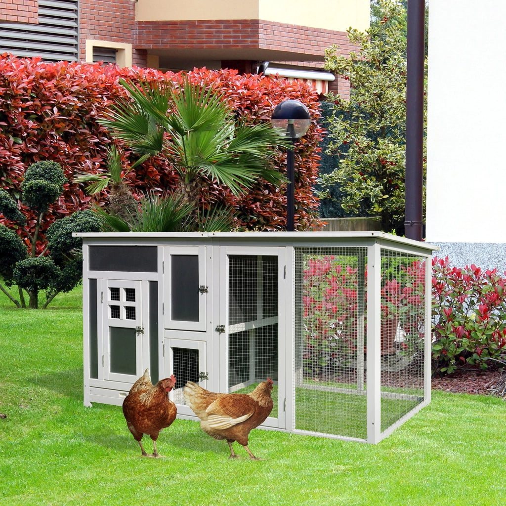 Pollame Casa per Galline in Legno con Recinto ¨C zephmum ¨C Grigio+Bianco 160x75x80 cm